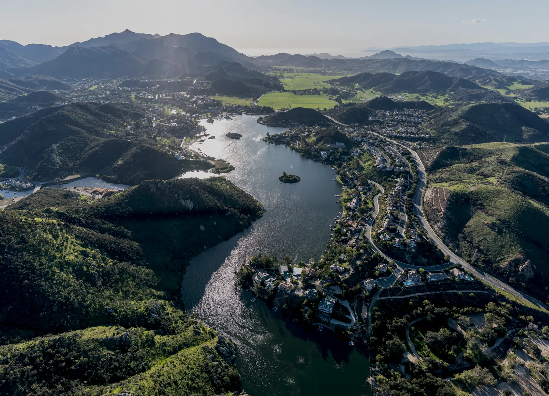 Lake Sherwood Reservoir and Surrounding Luxury Homes