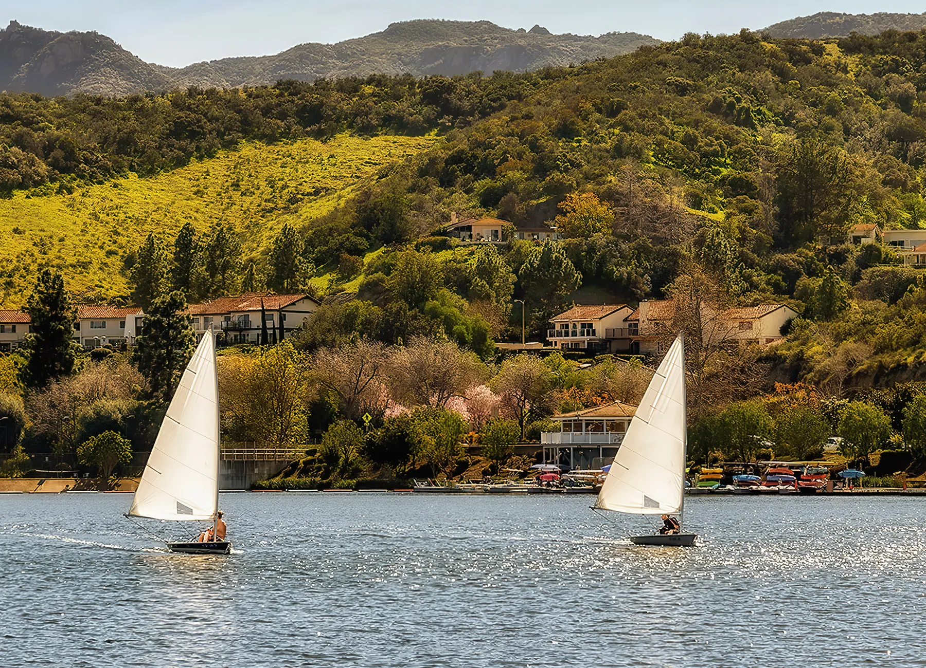 Panoramic view of sailboats in Westlake lake, in the upscale community of Westlake Village